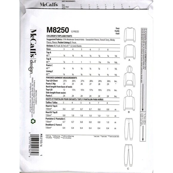 McCall's M8250 Unisex Kids 3T to 8 Sweatshirt, Hoodie and Pants Sewing Pattern - Picture 2 of 2